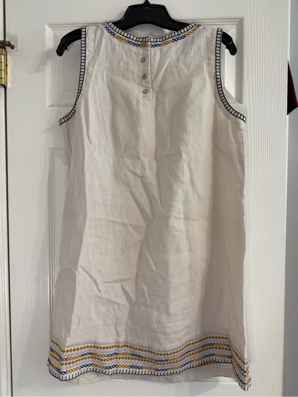 White Embroidered Sleeveless Linen Dress with Blue & Yellow Trim - Picture 2 of 7